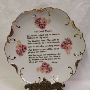 VINTAGE Lord's Prayer Porcelain Ceramic  Plate Wall Decor  Rose Floral Gold Trim